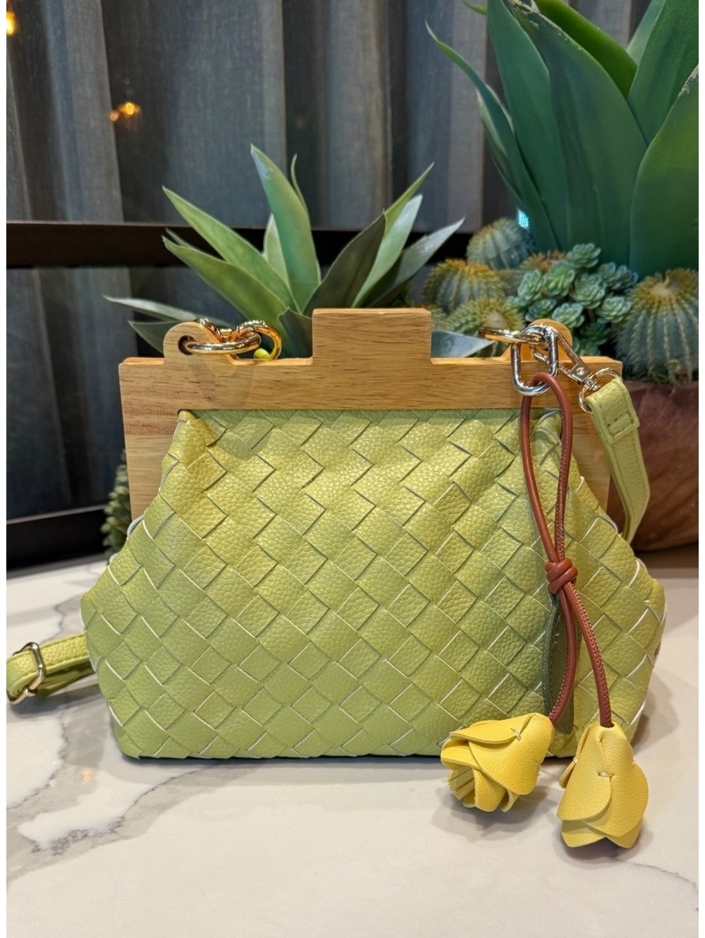 Chartreuse Green Woven Wood Frame Crossbody Bag Boho Y2K Purse